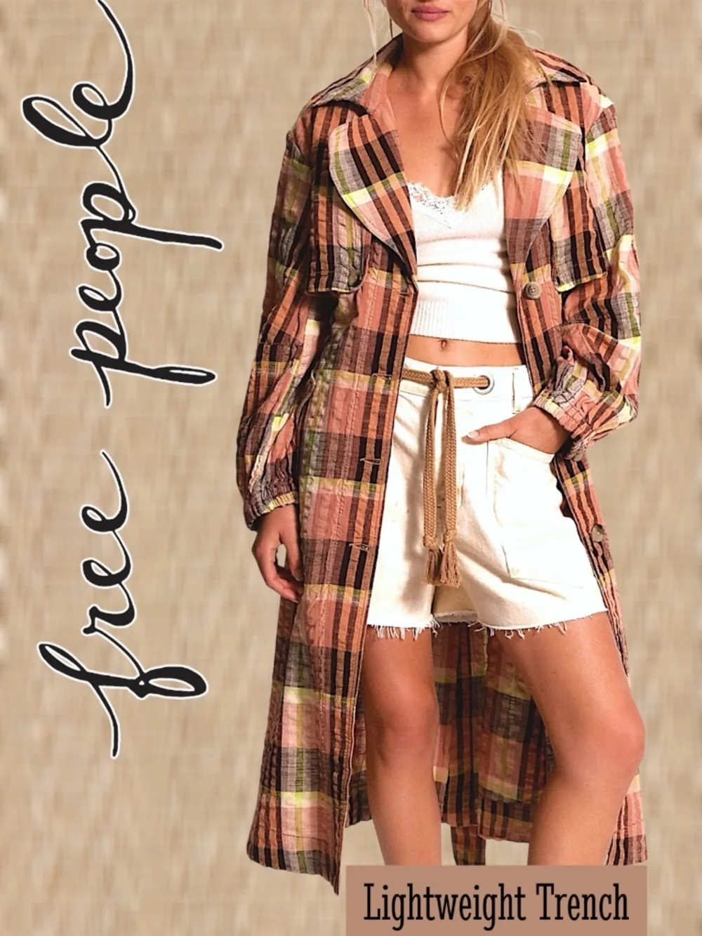 FREE PEOPLE 100% Cotton Lightweight Oversized Colorful Plaid Bliss Maxi Trench